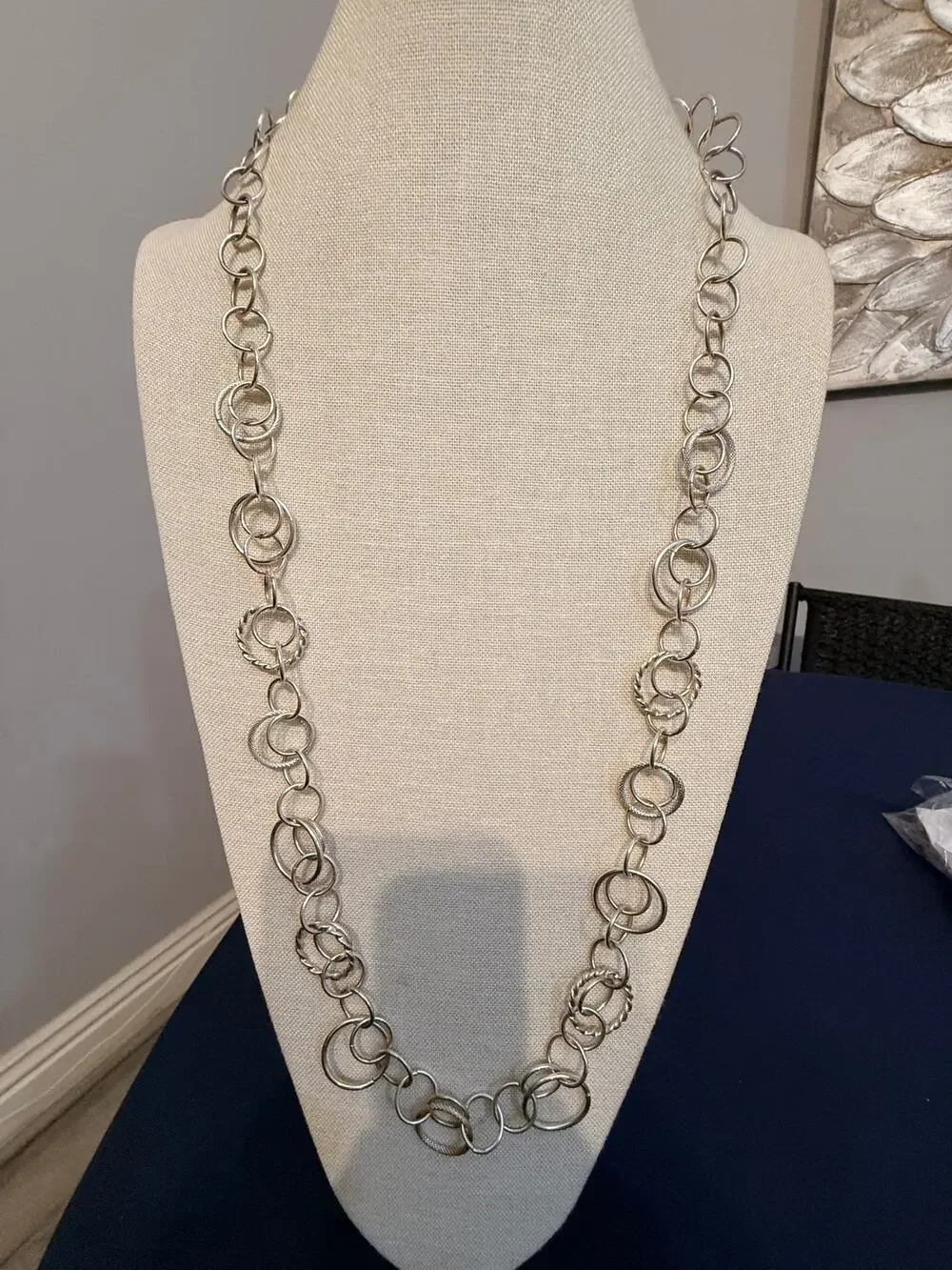 Vintage 36” Silver Tone Mixed Circle Link Necklace
